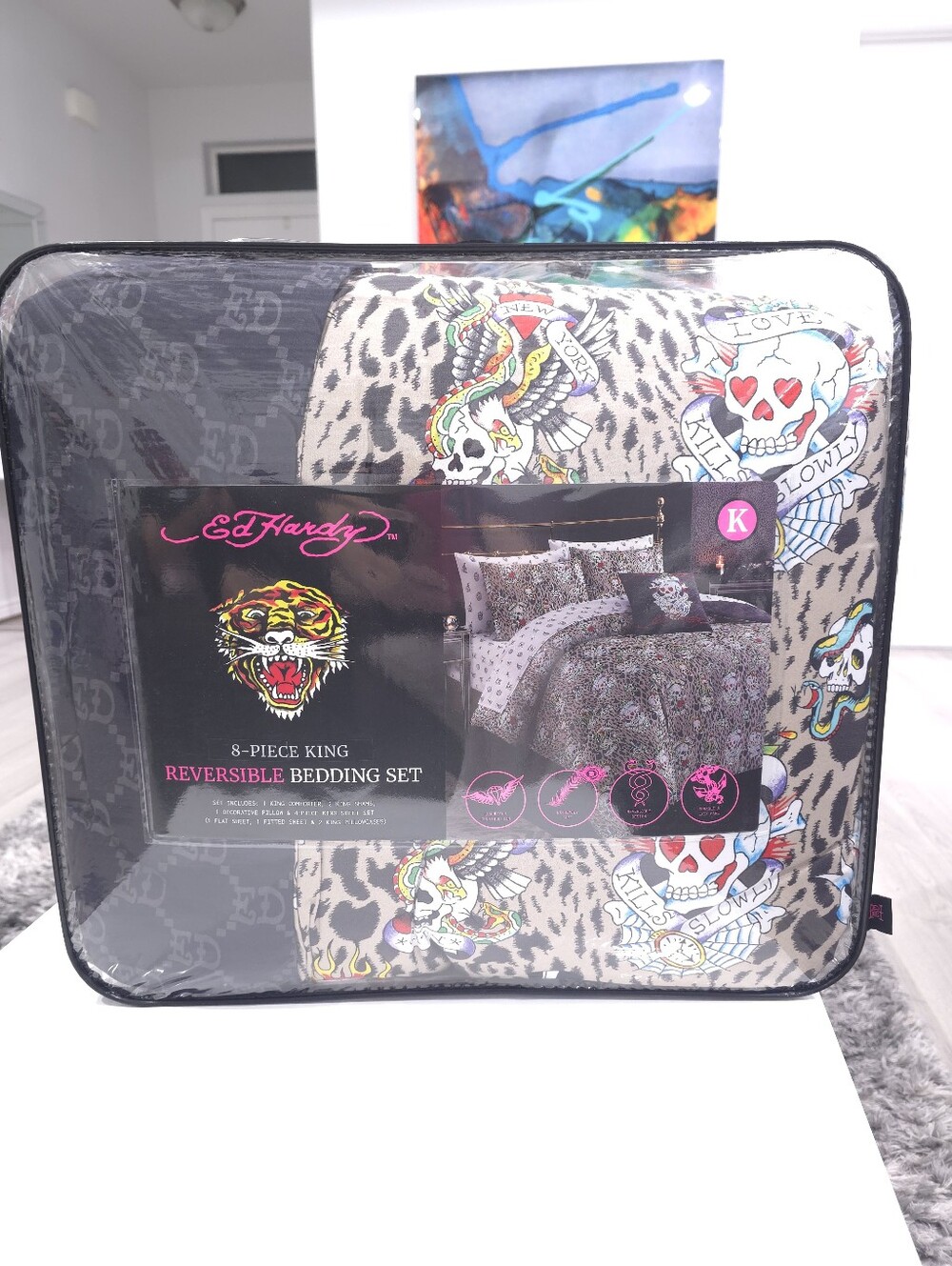 Ed Hardy KING 8-Piece Leopard Print Reversible Bedding Set New